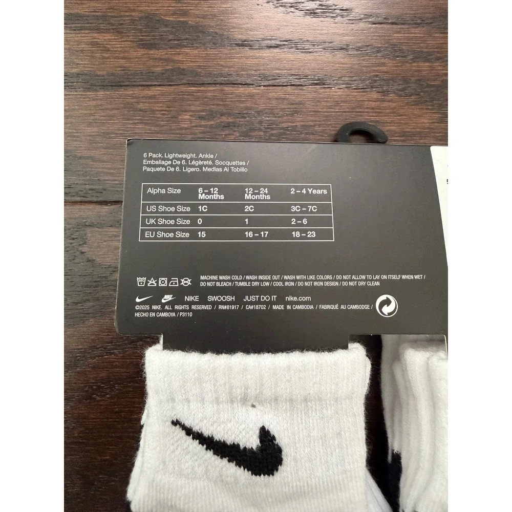 Nike Infant 6-Pack Lightweight Ankle Socks White Black NN0299-001 12-24 Months